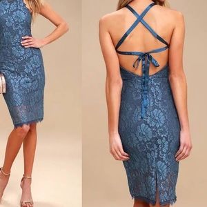 NWT Lulu’s Wishful Wanderings Blue Lace Bodycon Midi Dress